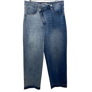 Risen Jeans Womens 1XL Asymmetric Closure High Rise Cropped Two Tone Raw Hem
